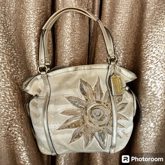 Coach Handbags - COACH AUDREY Metallic Gold Nautical Beaded SUN Tote Shoulder Bag & Dustbag